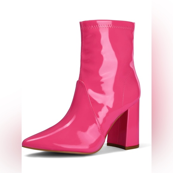 Hot Pink Patent Leather Block Ankle Boots - Picture 1 of 5